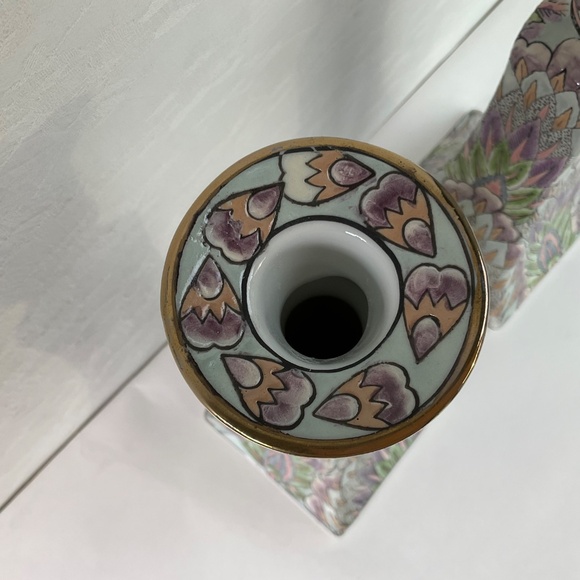 Vintage Chinoiserie Candle Holders Pastel Textured Boho Decor - One Pair (2) - Picture 4 of 13